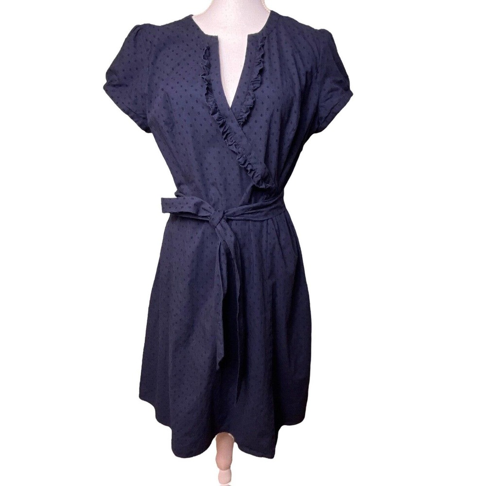 Ann Taylor LOFT Women's Size 14 Blue Cotton Swiss Dot Tie Belt Faux Wrap Dress